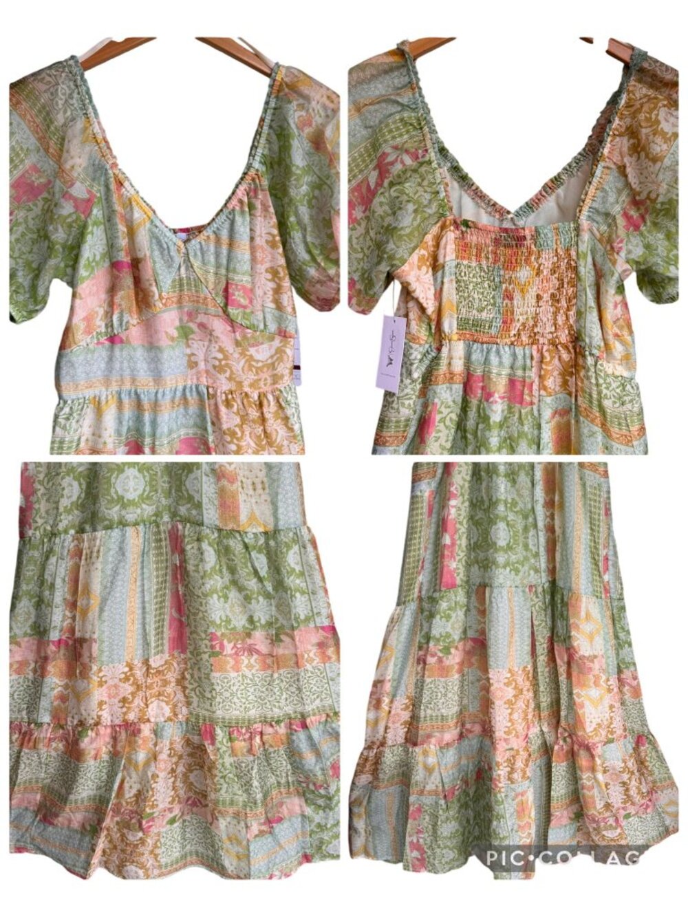 Jessica Simpson Boho Tiered Maxi Dress Sz S Misty Rose Patchwork Cottagecore New - Picture 4 of 15